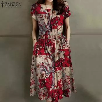 ZANZEA Женское повседневное летнее платье с круглым вырезом и короткими рукавами с принтом, хлопок 4XL хаки