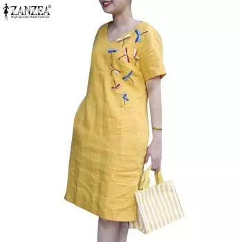ZANZEA Женское повседневное летнее платье с v-образным вырезом и короткими рукавами S жёлтый