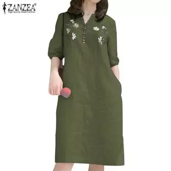 ZANZEA Женское повседневное летнее платье с v-образным вырезом и цветочной вышивкой до половины рукава 5XL розовый