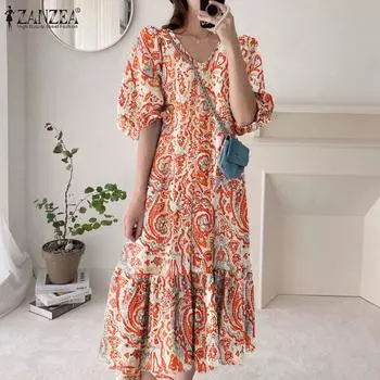 ZANZEA Женское повседневное летнее платье с короткими рукавами и v-образным вырезом S оранжевый/красный