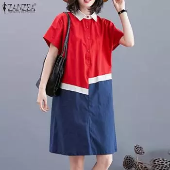 ZANZEA Женское повседневное летнее платье с коротким рукавом в стиле пэчворк с воротником-куколкой L белый