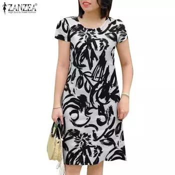 ZANZEA Женское повседневное летнее платье с круглым вырезом и коротким рукавом с принтом S чёрный
