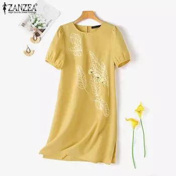 ZANZEA Женское повседневное летнее платье с короткими рукавами и круглым вырезом 4XL жёлтый