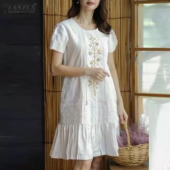 ZANZEA Женское повседневное летнее платье с короткими рукавами и круглым вырезом 5XL зелёный