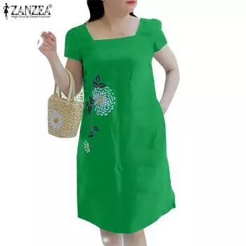 ZANZEA Женское повседневное летнее платье с цветочной вышивкой и коротким рукавом S зелёный