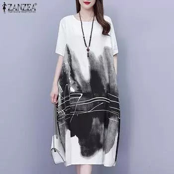 ZANZEA Женское повседневное летнее платье с круглым вырезом и коротким рукавом S чёрный