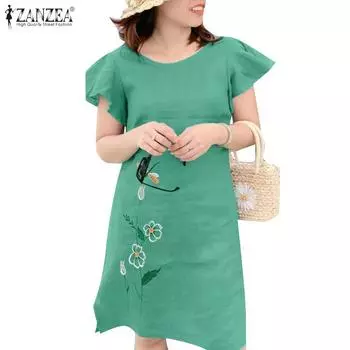 ZANZEA Женское повседневное летнее платье с коротким рукавом и вышивкой