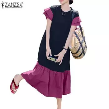 ZANZEA Женское повседневное летнее платье с коротким рукавом и круглым вырезом в стиле пэчворк 4XL чёрный