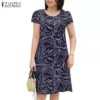 ZANZEA Женское повседневное летнее платье с круглым вырезом и коротким рукавом с принтом 4XL зелёный
