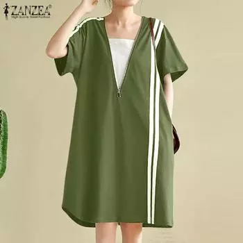 ZANZEA Женское повседневное летнее платье с коротким рукавом и V-образным вырезом на молнии S темно-синий