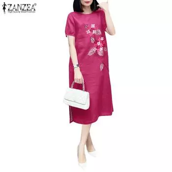 ZANZEA Женское повседневное летнее платье с короткими рукавами и круглым вырезом с принтом L жёлтый