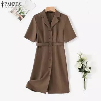 ZANZEA Женское повседневное летнее платье с отложным воротником и короткими рукавами 5XL чёрный