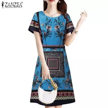 ZANZEA Женское повседневное летнее платье с короткими рукавами и круглым вырезом с принтом S синий