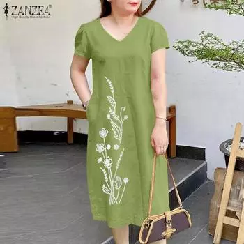 ZANZEA Женское повседневное летнее платье с v-образным вырезом и короткими рукавами