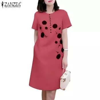 ZANZEA Женское повседневное летнее платье с короткими рукавами и круглым вырезом с принтом 5XL белый