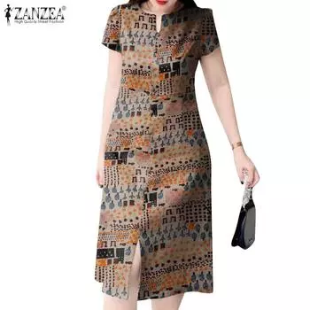 ZANZEA Женское повседневное летнее платье с v-образным вырезом и короткими рукавами