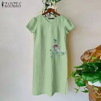 ZANZEA Женское повседневное летнее платье с цветочной вышивкой и v-образным вырезом с коротким рукавом 5XL жёлтый
