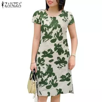 ZANZEA Женское повседневное летнее платье с круглым вырезом и коротким рукавом с принтом 4XL темно-розовый
