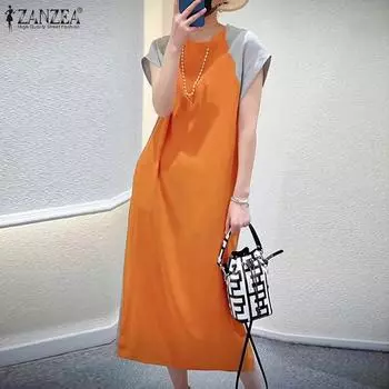 ZANZEA Женское повседневное летнее пэчворк-платье с коротким рукавом и круглым вырезом 3XL темно-розовый