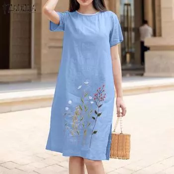 ZANZEA Женское повседневное платье с круглым вырезом и коротким рукавом с цветочной вышивкой Летнее платье 5XL синий