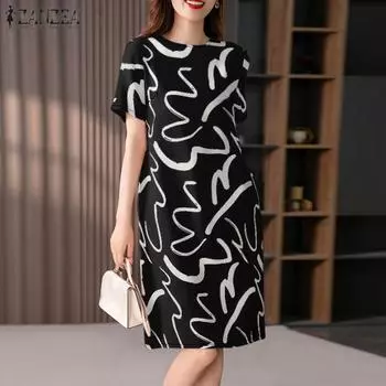 ZANZEA Женское повседневное летнее платье с короткими рукавами и круглым вырезом с принтом 3XL чёрный