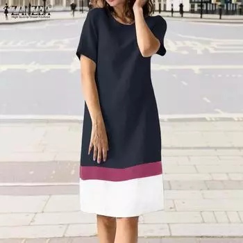 ZANZEA Женское повседневное летнее платье с коротким рукавом и круглым вырезом в стиле пэчворк 5XL хаки