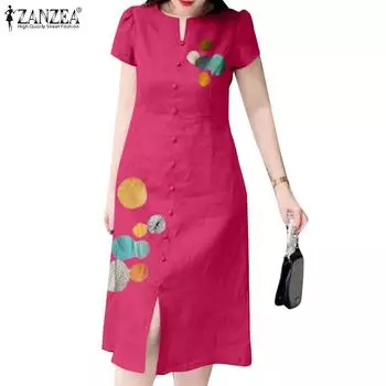 ZANZEA Женское повседневное летнее платье с короткими рукавами и круглым вырезом с принтом S белый