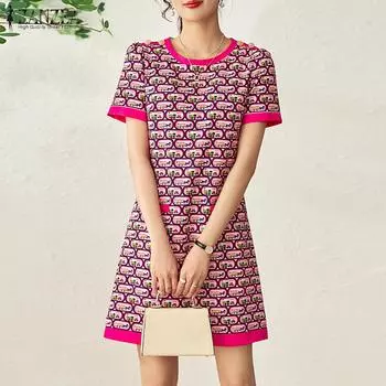 ZANZEA Женское повседневное летнее платье с короткими рукавами и круглым вырезом с принтом M ярко-розовый