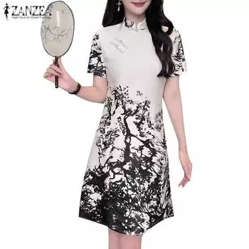 ZANZEA Женское повседневное летнее платье с коротким рукавом и принтом M чёрный