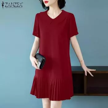 ZANZEA Женское повседневное летнее платье с отложным воротником и коротким рукавом S темно-синий