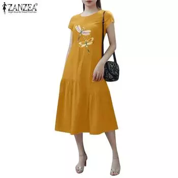 ZANZEA Женское повседневное летнее платье с короткими рукавами и круглым вырезом с принтом 4XL жёлтый
