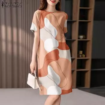 ZANZEA Женское повседневное летнее платье с короткими рукавами и круглым вырезом с принтом S чёрный