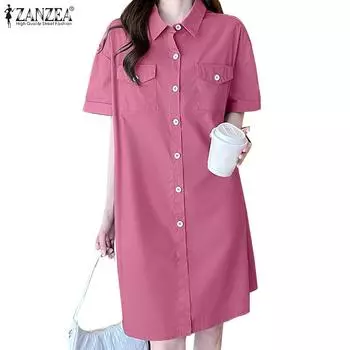 ZANZEA Женское повседневное летнее платье с отложным воротником и коротким рукавом L зелёный