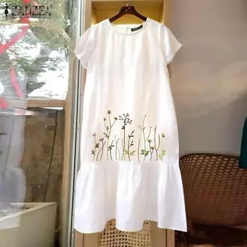 ZANZEA Женское повседневное летнее платье с короткими рукавами и круглым вырезом с принтом S ярко-розовый