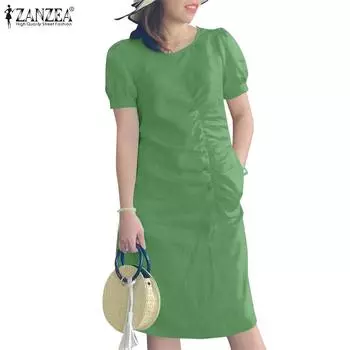 ZANZEA Женское повседневное летнее платье с круглым вырезом и коротким рукавом S темно-синий