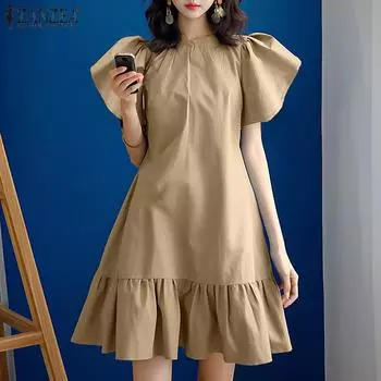 ZANZEA Женское повседневное летнее платье с коротким рукавом и оборками S синий