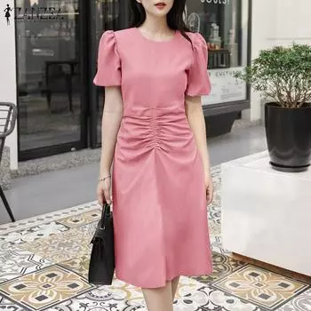 ZANZEA Женское повседневное летнее платье с круглым вырезом и коротким рукавом XL бежевый