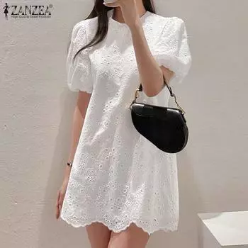 ZANZEA Женское повседневное летнее платье с коротким рукавом и кружевом 5XL белый