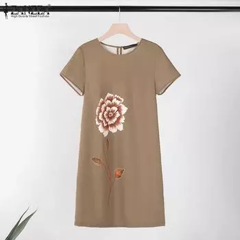 ZANZEA Женское повседневное летнее платье с короткими рукавами и круглым вырезом с цветочным принтом 4XL хаки