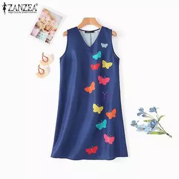 ZANZEA Женское повседневное летнее платье с V-образным вырезом без рукавов с принтом S темно-синий