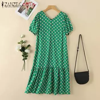 ZANZEA Женское повседневное летнее платье с коротким рукавом и принтом в горошек XL зелёный