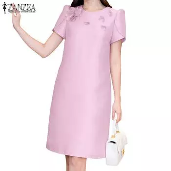 ZANZEA Женское повседневное летнее платье с коротким рукавом и круглым вырезом S розовый