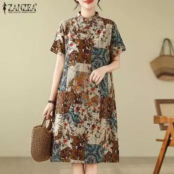 ZANZEA Женское повседневное летнее платье с круглым вырезом и коротким рукавом 3XL красный