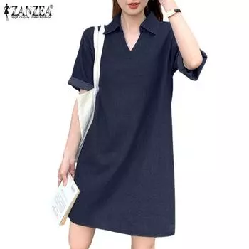 ZANZEA Женское повседневное летнее платье с отложным воротником и коротким рукавом XL синий