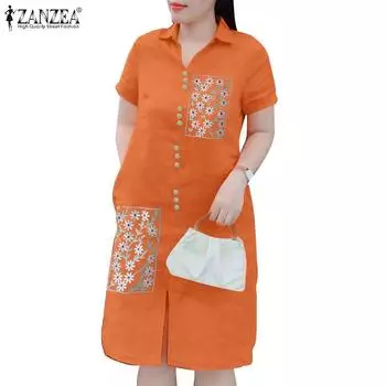 ZANZEA Женское повседневное летнее платье с коротким рукавом и цветочной вышивкой 2XL оранжевый