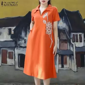 ZANZEA Женское повседневное летнее платье с отложным воротником и коротким рукавом с принтом S синий