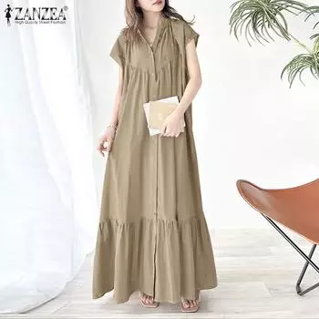 ZANZEA Женское повседневное летнее платье с коротким рукавом и V-образным вырезом 4XL чёрный