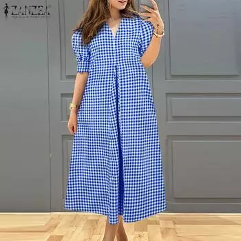 ZANZEA Женское повседневное летнее платье с коротким рукавом и V-образным вырезом в клетку S чёрный
