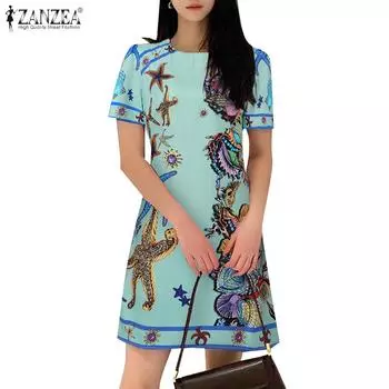 ZANZEA Женское повседневное летнее платье с короткими рукавами и круглым вырезом с принтом M розовый