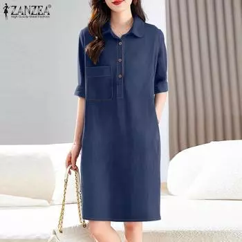 ZANZEA Женское повседневное летнее платье с отложным воротником и коротким рукавом S темно-синий